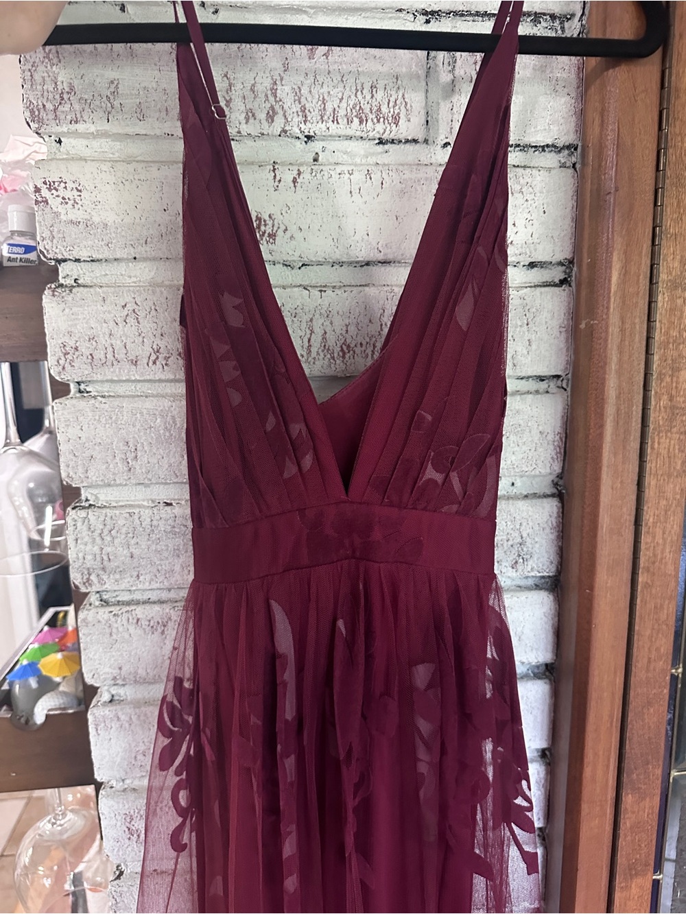 Luxxel Strapless Deep V Burgundy Tulle Gown